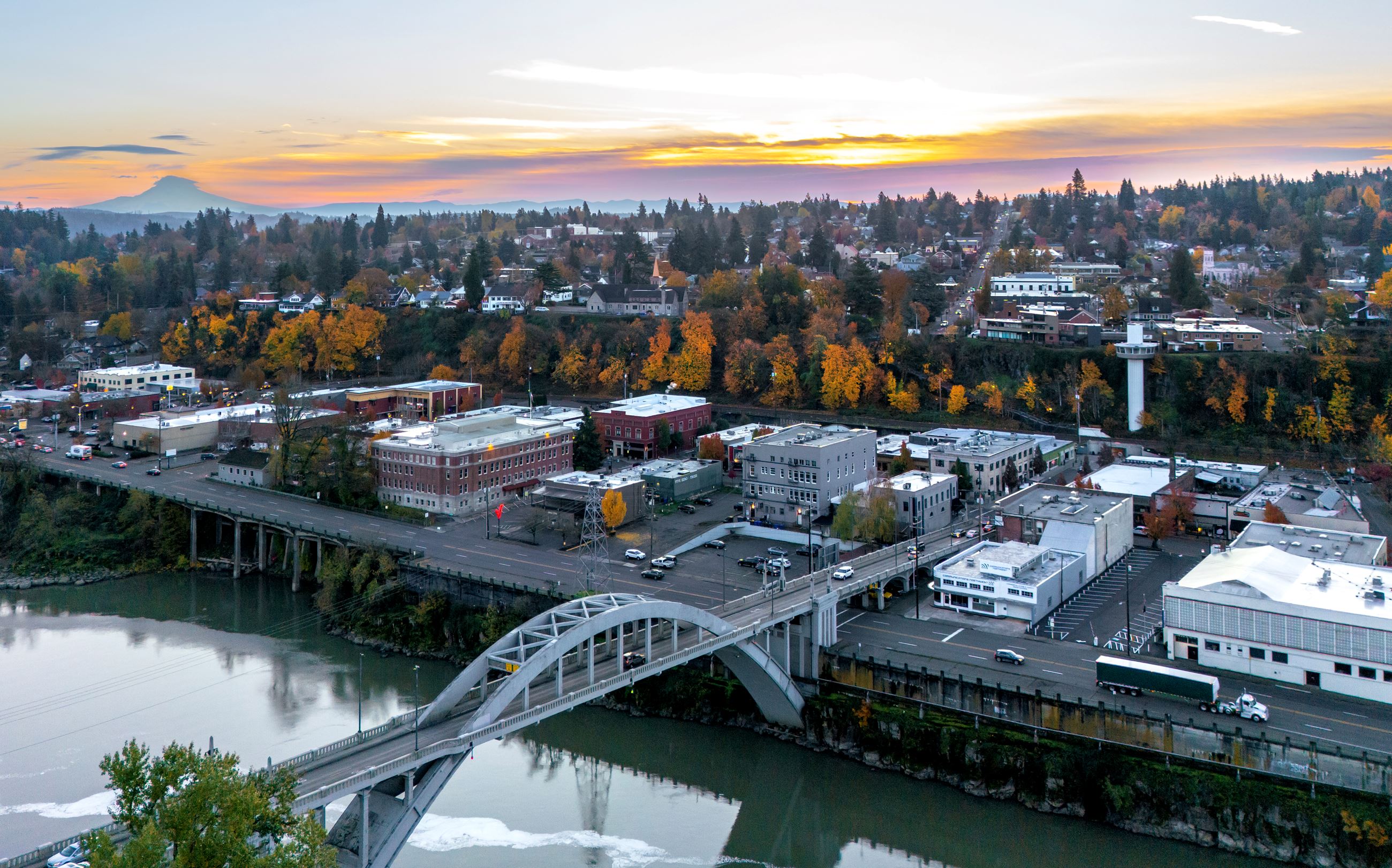 sunrise over bridge, elevator and hood