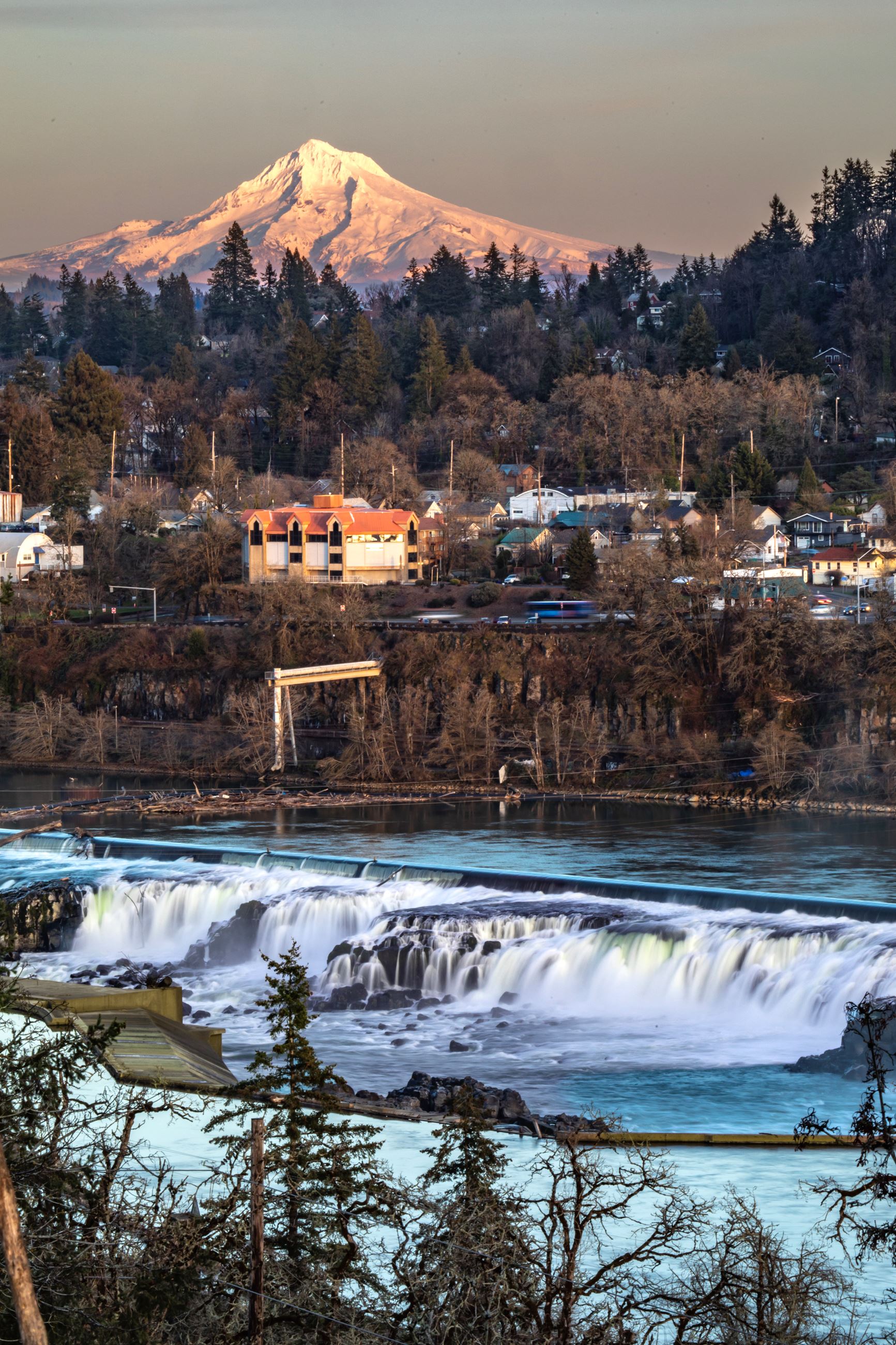 Mt. Hood alpenglow over Willamette Falls vertical