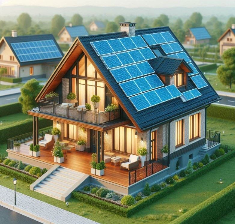 Cartoon drawing of a house with solar panels on the roof