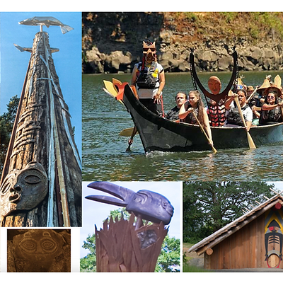 Native American canoe with rowers and a fishing iconography totem pole
