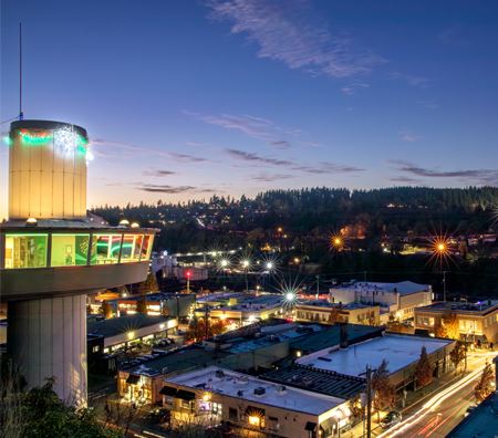 Oregon City Municipal Elevator at night with Christmas lights over Main St. 