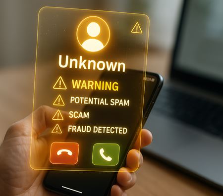 Image of a hand holding a phone with a message warning of a scam