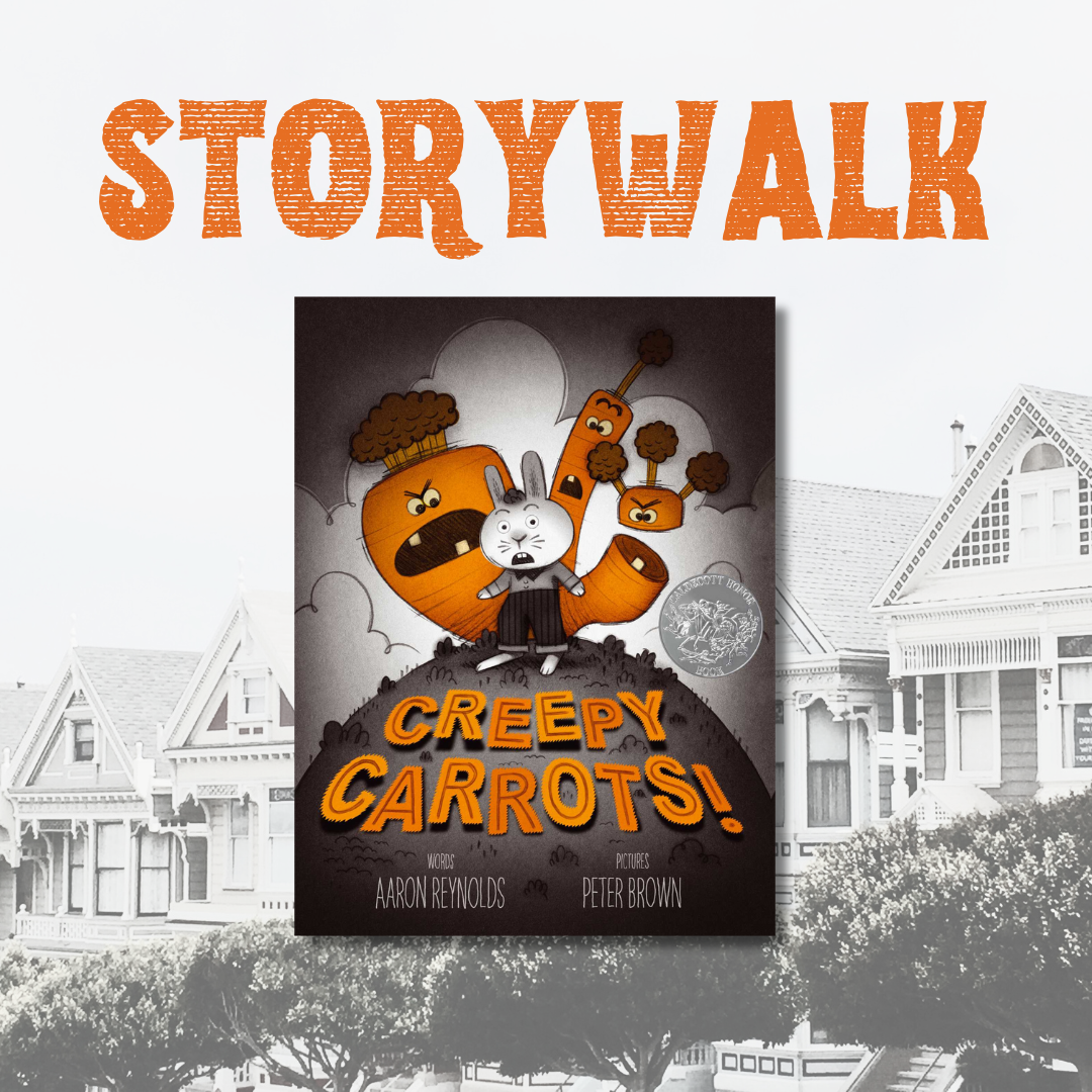 Creepy Carrots book cover with a white rabbit and scary faced carrots