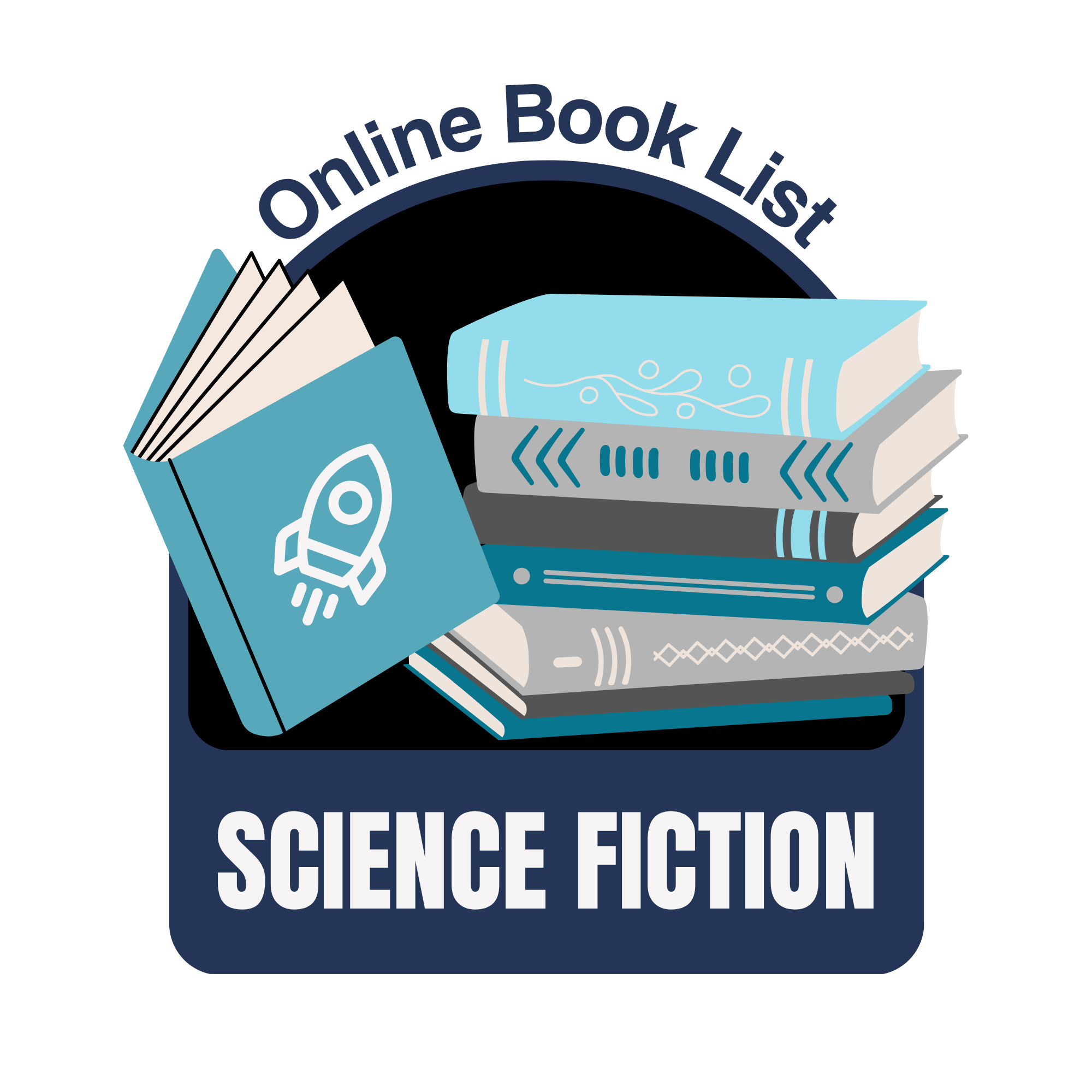 stack of books and a rocket ship