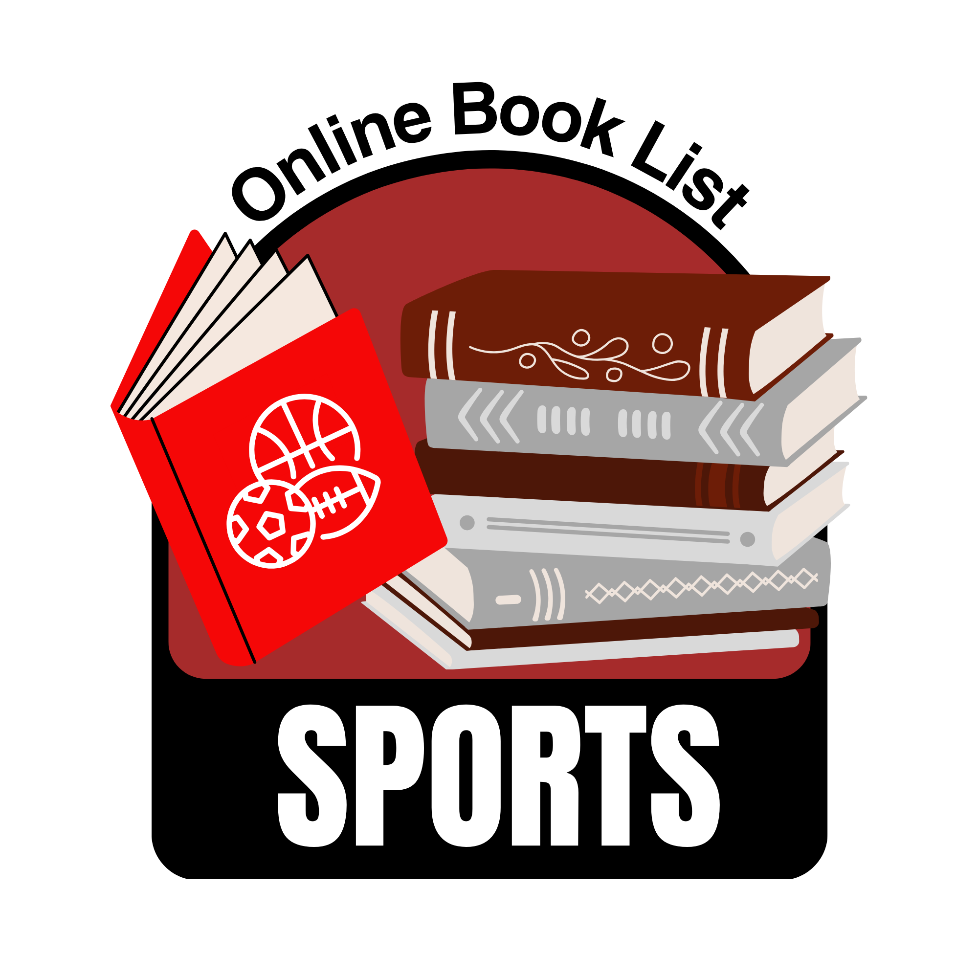 stack of books and a football, soccer ball, and basketball